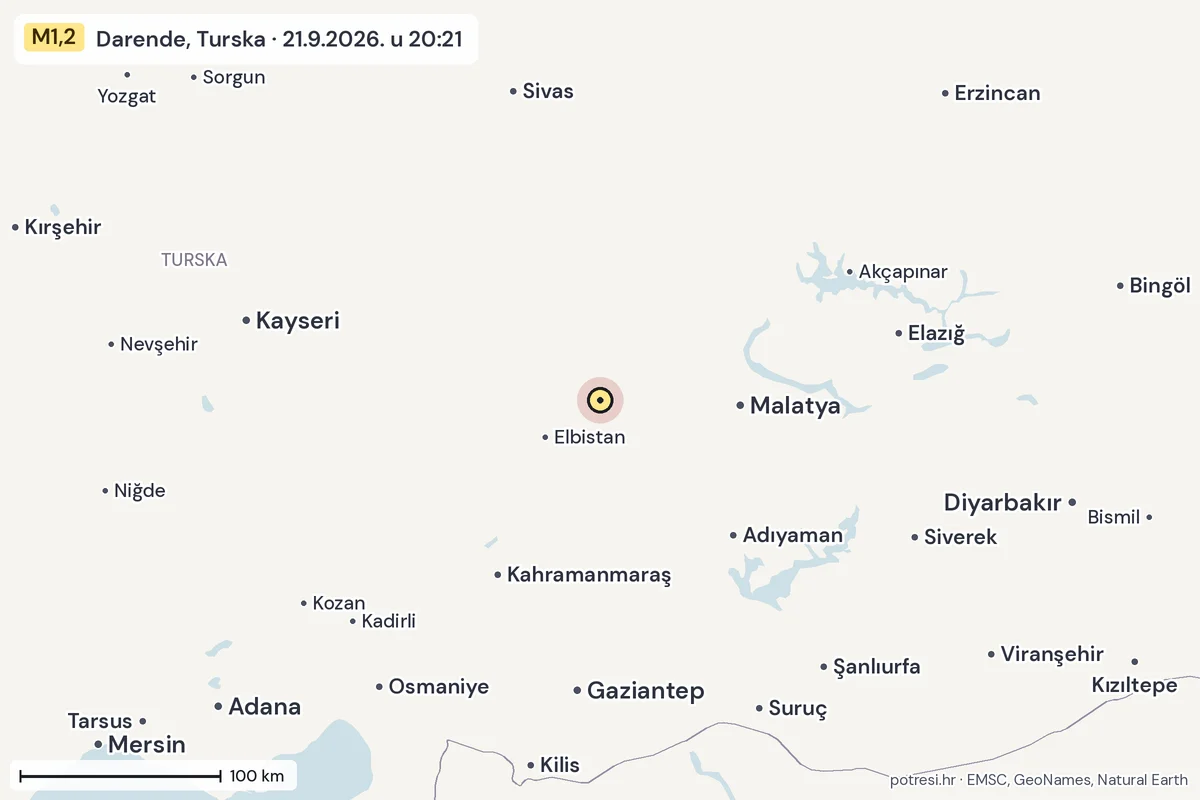 Karta: šire područje, 600 km, potres M1,2, Darende, Turska, 21.9.2026.