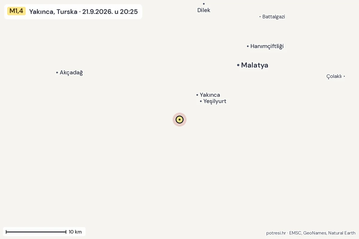 Karta: okolica epicentra, 60 km, potres M1,4, Yakınca, Turska, 21.9.2026.