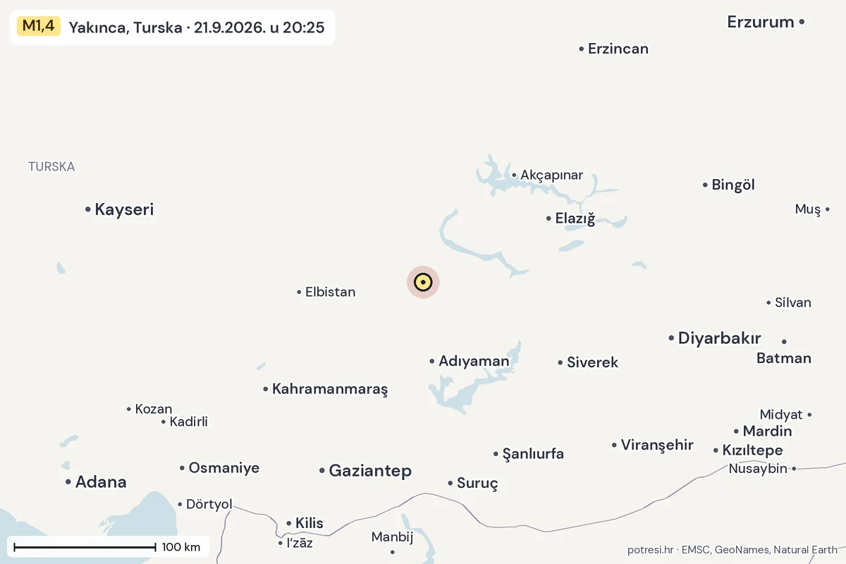 Karta: šire područje, 600 km, potres M1,4, Yakınca, Turska, 21.9.2026.
