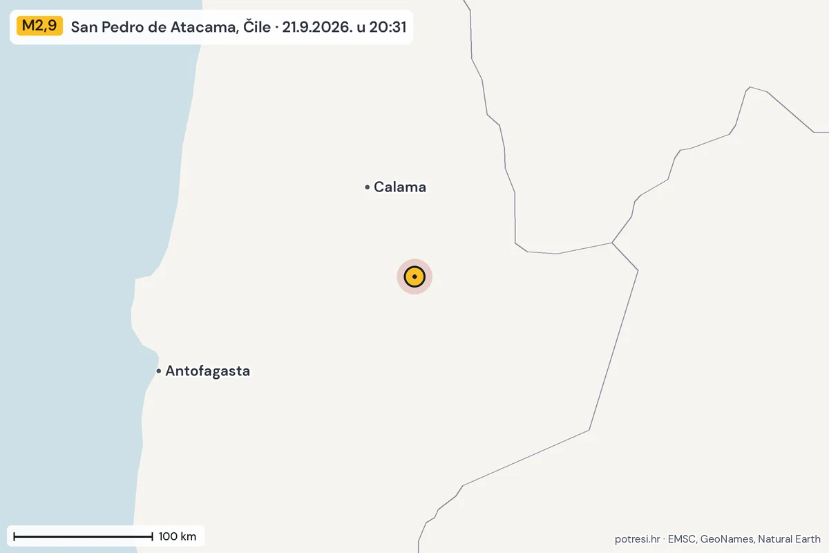 Karta: šire područje, 600 km, potres M2,9, San Pedro de Atacama, Čile, 21.9.2026.