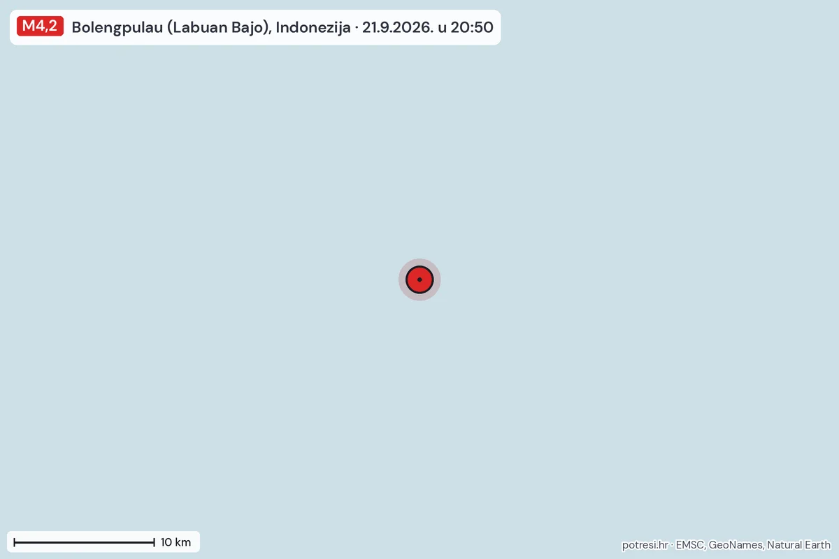 Karta: okolica epicentra, 60 km, potres M4,2, Bolengpulau (Labuan Bajo), Indonezija, 21.9.2026.