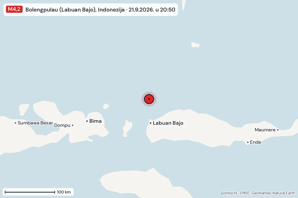 Karta: šire područje, 600 km, potres M4,2, Bolengpulau (Labuan Bajo), Indonezija, 21.9.2026.