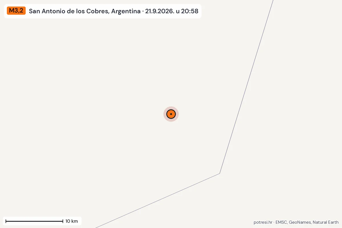 Karta: okolica epicentra, 60 km, potres M3,2, San Antonio de los Cobres, Argentina, 21.9.2026.