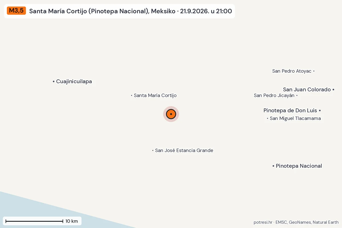 Karta: okolica epicentra, 60 km, potres M3,5, Santa María Cortijo (Pinotepa Nacional), Meksiko, 21.9.2026.