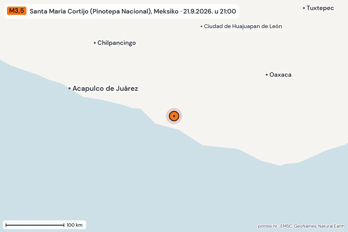 Karta: šire područje, 600 km, potres M3,5, Santa María Cortijo (Pinotepa Nacional), Meksiko, 21.9.2026.