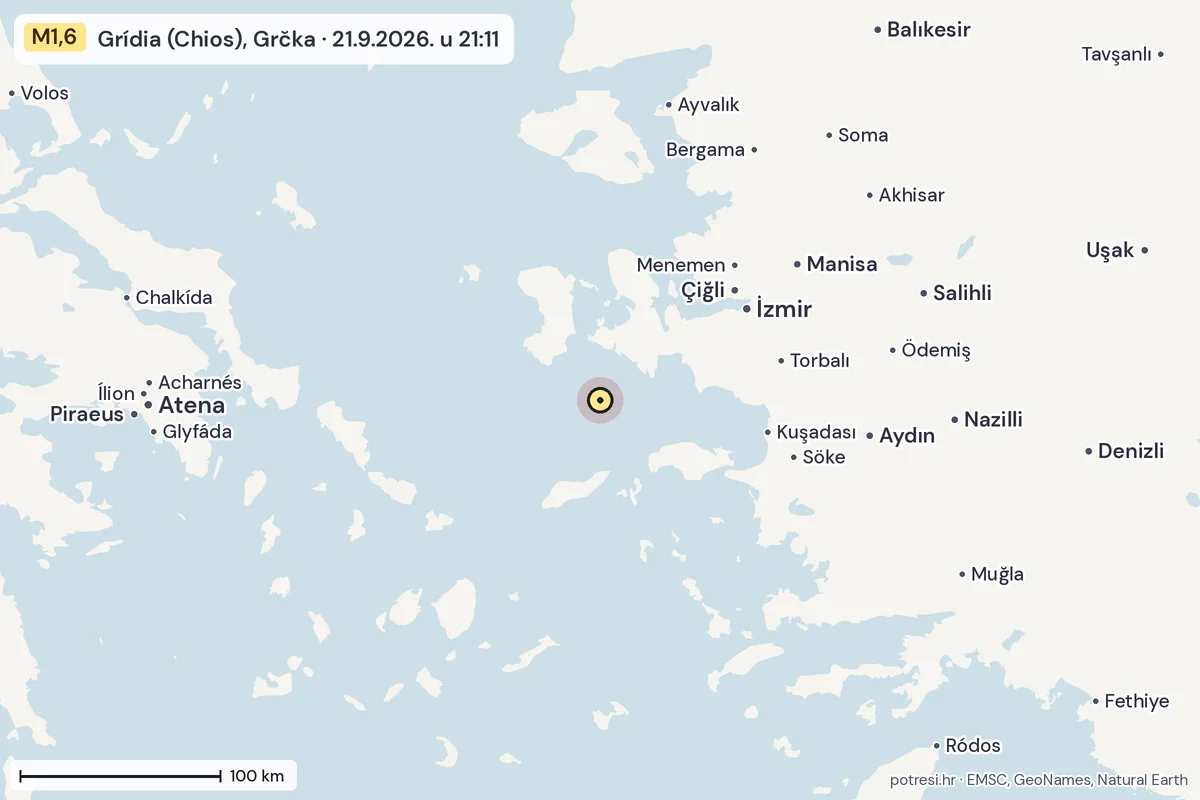 Karta: šire područje, 600 km, potres M1,6, Grídia (Chios), Grčka, 21.9.2026.