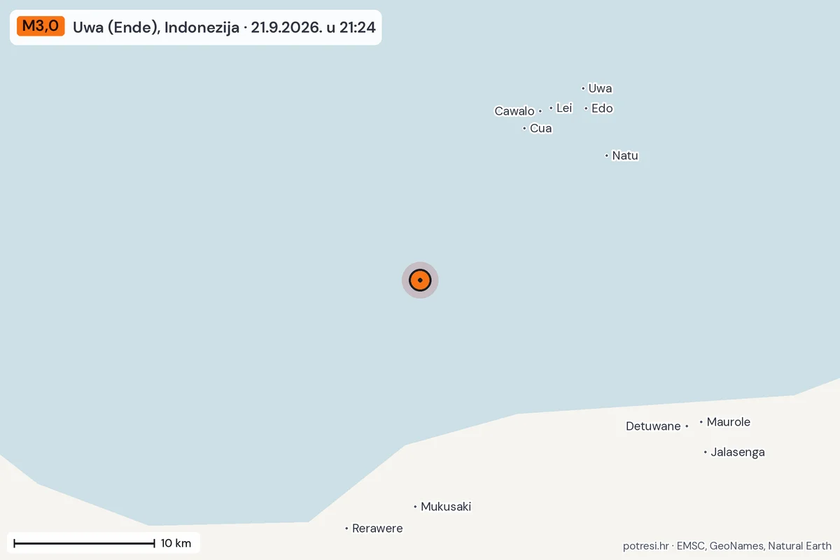 Karta: okolica epicentra, 60 km, potres M3,0, Uwa (Ende), Indonezija, 21.9.2026.