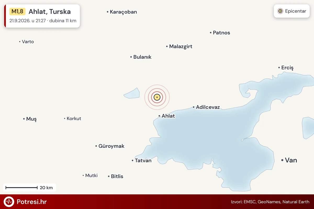 Karta: šire područje i vjerojatni doseg osjeta, potres M1,8, Ahlat, Turska, 21.9.2026.