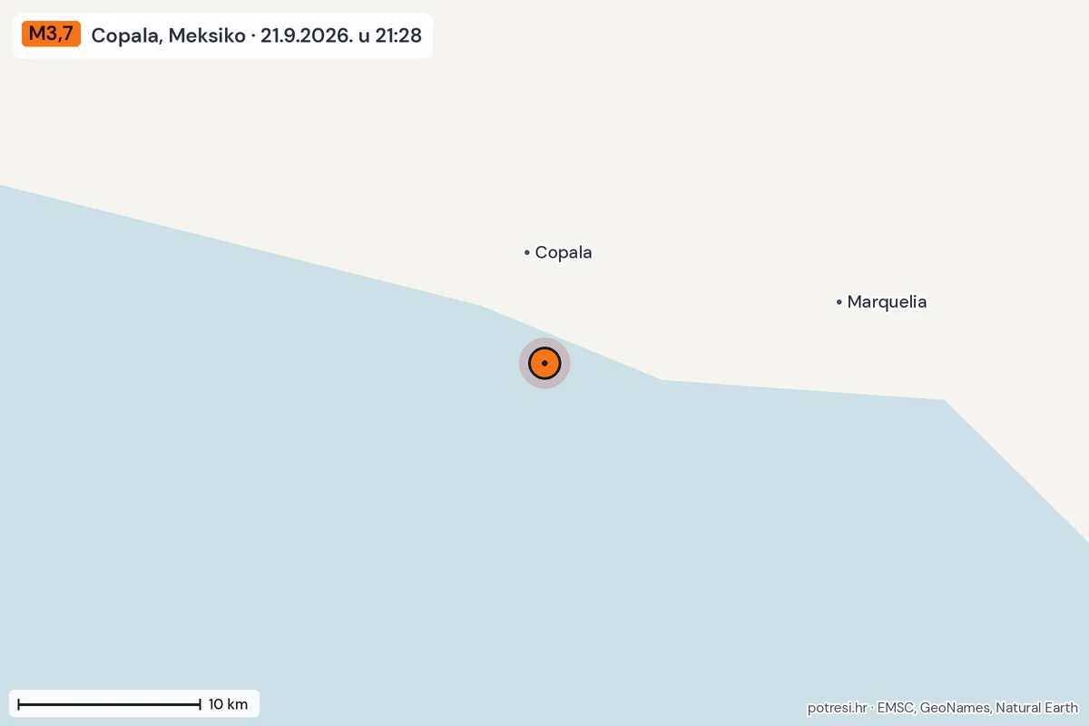Karta: okolica epicentra, 60 km, potres M3,7, Copala, Meksiko, 21.9.2026.