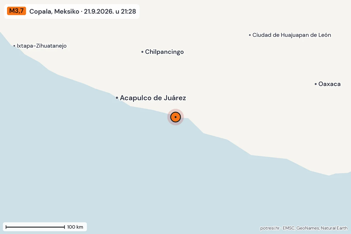Karta: šire područje, 600 km, potres M3,7, Copala, Meksiko, 21.9.2026.