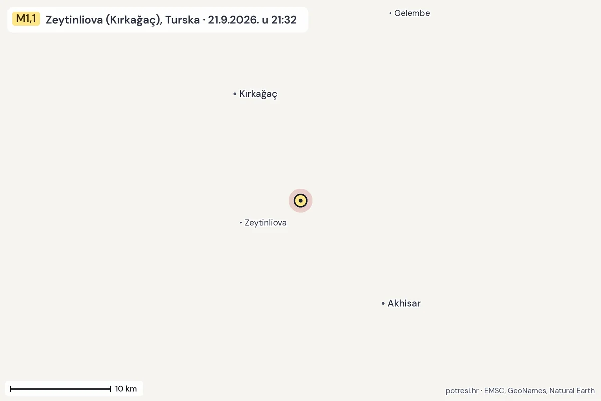 Karta: okolica epicentra, 60 km, potres M1,1, Zeytinliova (Kırkağaç), Turska, 21.9.2026.