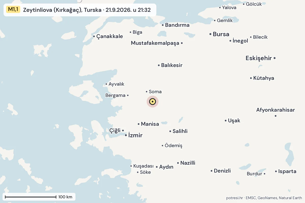 Karta: šire područje, 600 km, potres M1,1, Zeytinliova (Kırkağaç), Turska, 21.9.2026.