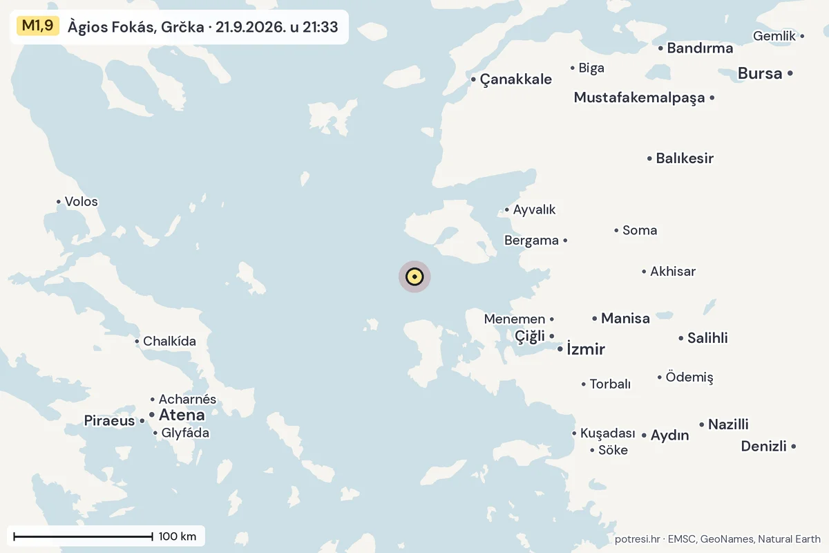 Karta: šire područje, 600 km, potres M1,9, Àgios Fokás, Grčka, 21.9.2026.