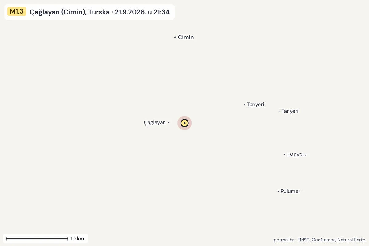 Karta: okolica epicentra, 60 km, potres M1,3, Çağlayan (Cimin), Turska, 21.9.2026.
