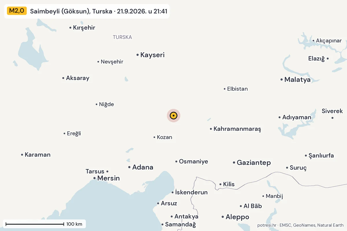 Karta: šire područje, 600 km, potres M2,0, Saimbeyli (Göksun), Turska, 21.9.2026.
