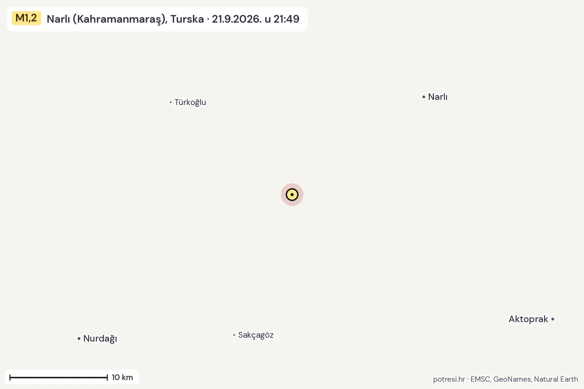 Karta: okolica epicentra, 60 km, potres M1,2, Narlı (Kahramanmaraş), Turska, 21.9.2026.