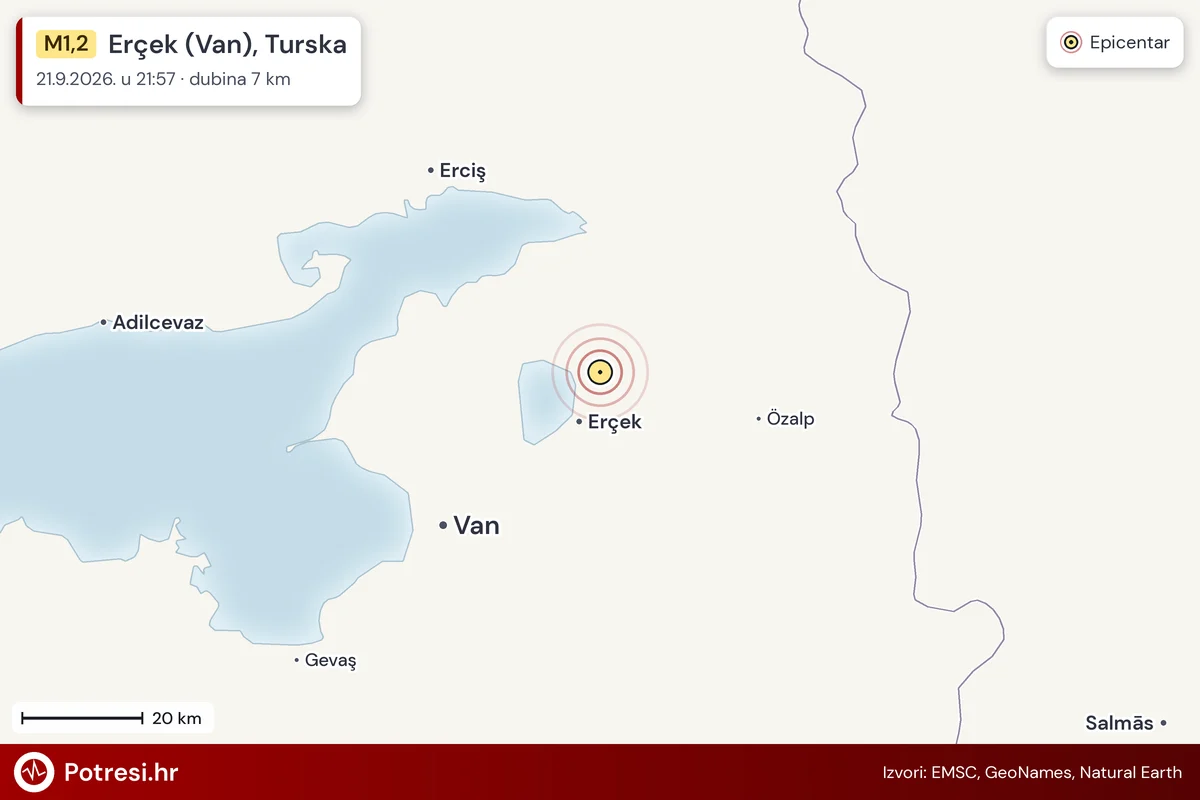 Karta: šire područje i vjerojatni doseg osjeta, potres M1,2, Erçek (Van), Turska, 21.9.2026.