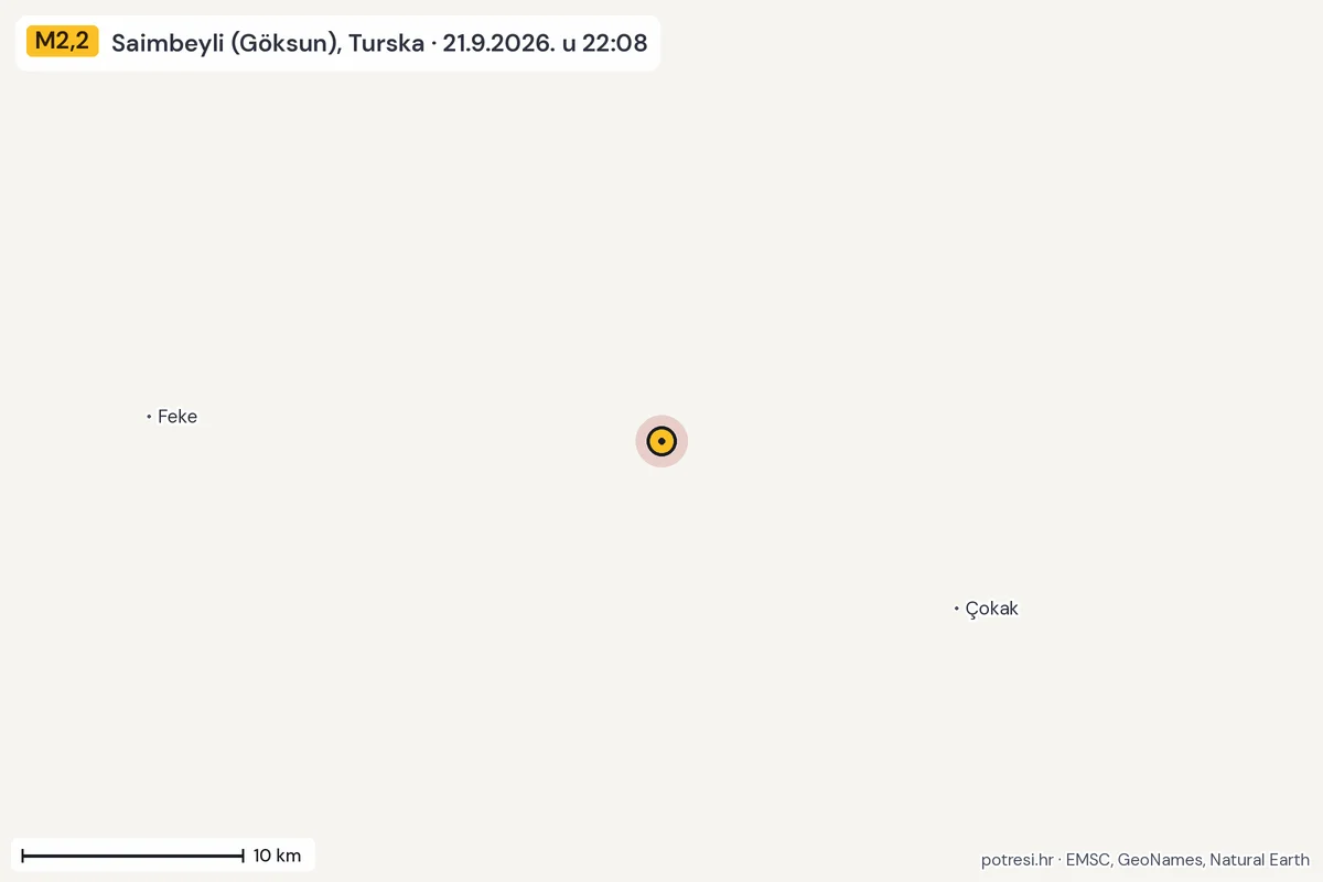 Karta: okolica epicentra, 60 km, potres M2,2, Saimbeyli (Göksun), Turska, 21.9.2026.