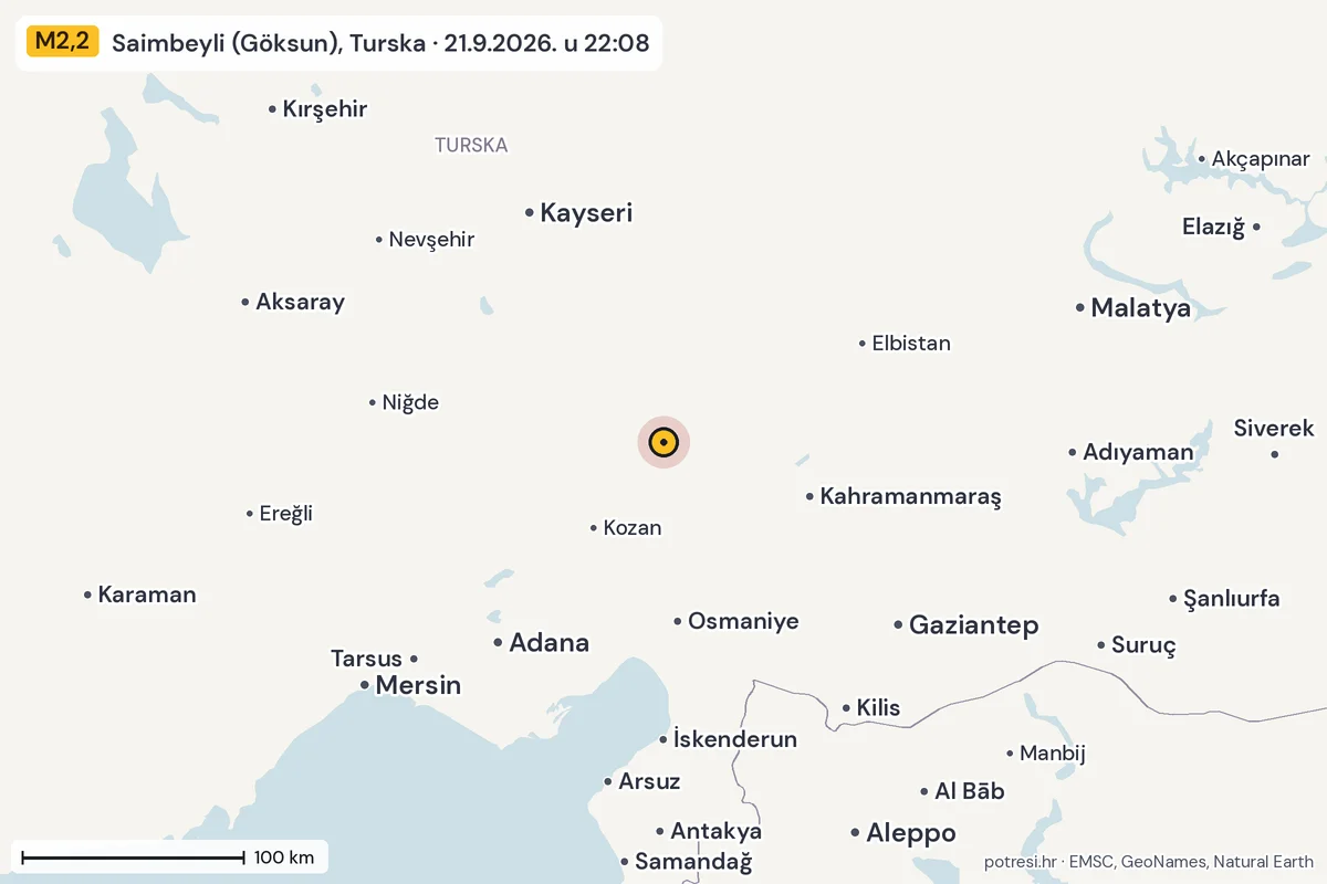 Karta: šire područje, 600 km, potres M2,2, Saimbeyli (Göksun), Turska, 21.9.2026.