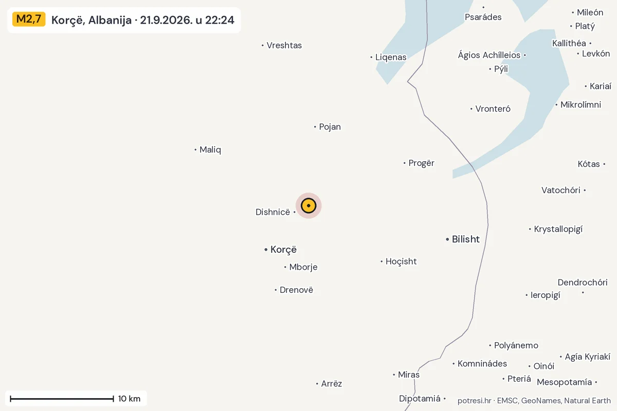 Karta: okolica epicentra, 60 km, potres M2,7, Korçë, Albanija, 21.9.2026.