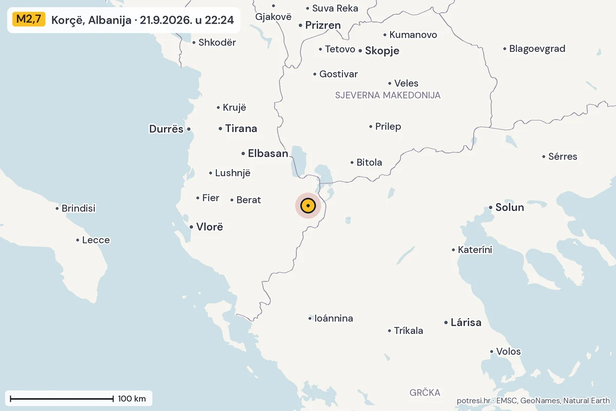 Karta: šire područje, 600 km, potres M2,7, Korçë, Albanija, 21.9.2026.