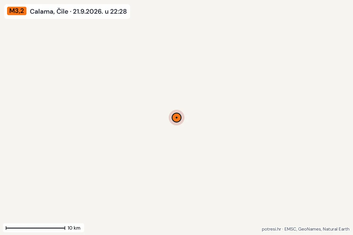 Karta: okolica epicentra, 60 km, potres M3,2, Calama, Čile, 21.9.2026.