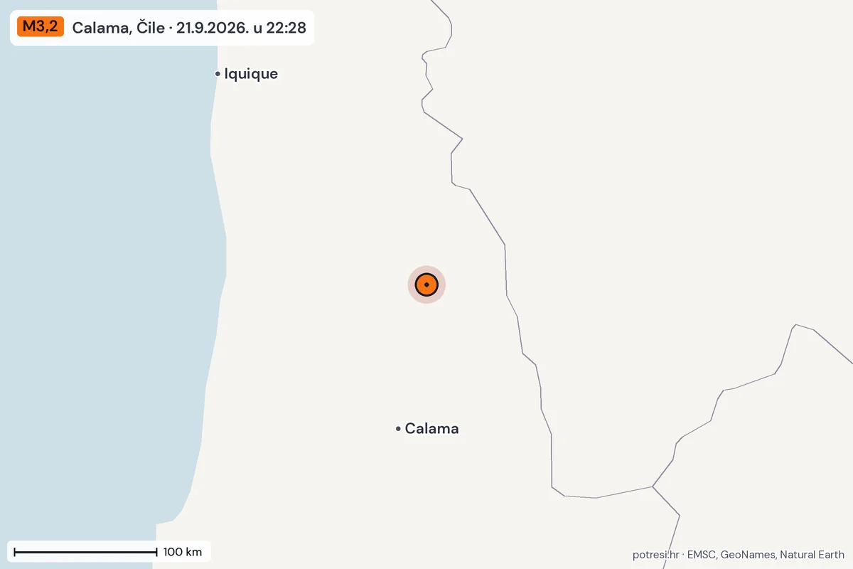 Karta: šire područje, 600 km, potres M3,2, Calama, Čile, 21.9.2026.