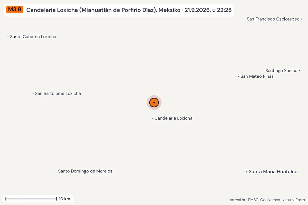 Karta: okolica epicentra, 60 km, potres M3,8, Candelaria Loxicha (Miahuatlán de Porfirio Díaz), Meksiko, 21.9.2026.