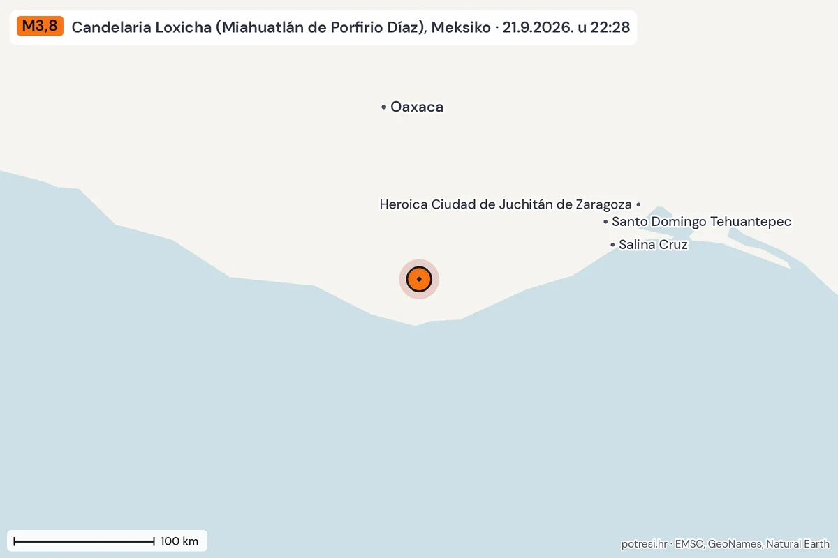 Karta: šire područje, 600 km, potres M3,8, Candelaria Loxicha (Miahuatlán de Porfirio Díaz), Meksiko, 21.9.2026.