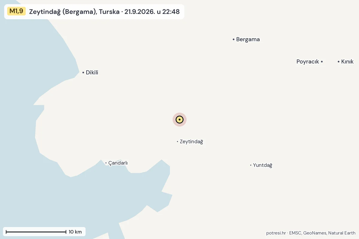 Karta: okolica epicentra, 60 km, potres M1,9, Zeytindağ (Bergama), Turska, 21.9.2026.