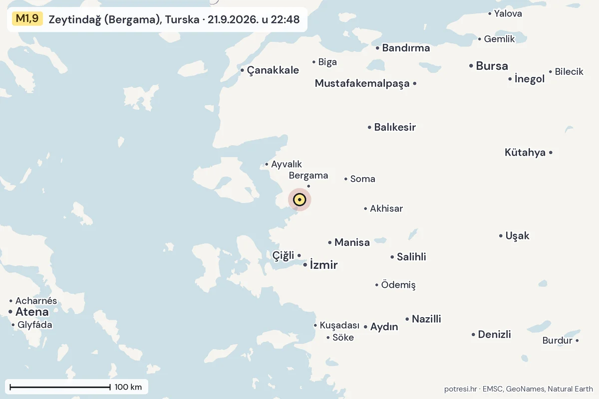Karta: šire područje, 600 km, potres M1,9, Zeytindağ (Bergama), Turska, 21.9.2026.