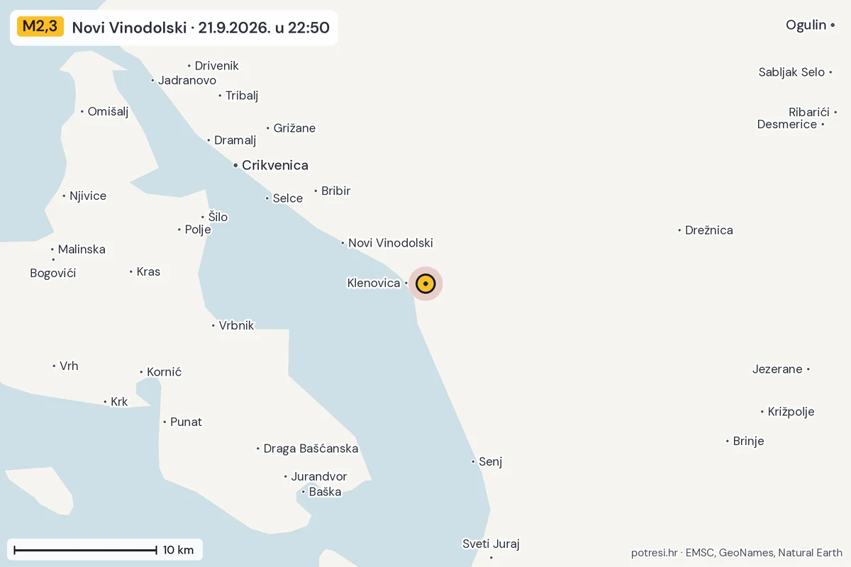 Karta: okolica epicentra, 60 km, potres M2,3, Novi Vinodolski, 21.9.2026.