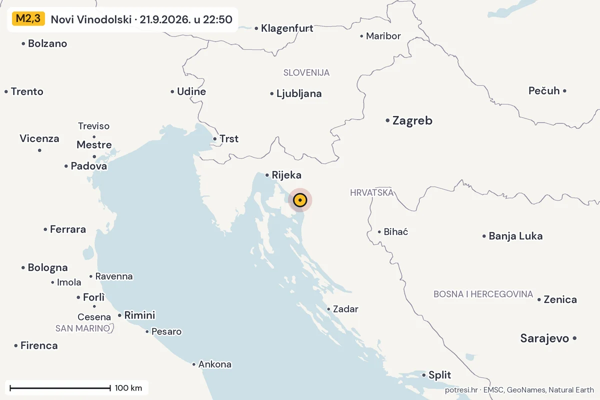 Karta: šire područje, 600 km, potres M2,3, Novi Vinodolski, 21.9.2026.