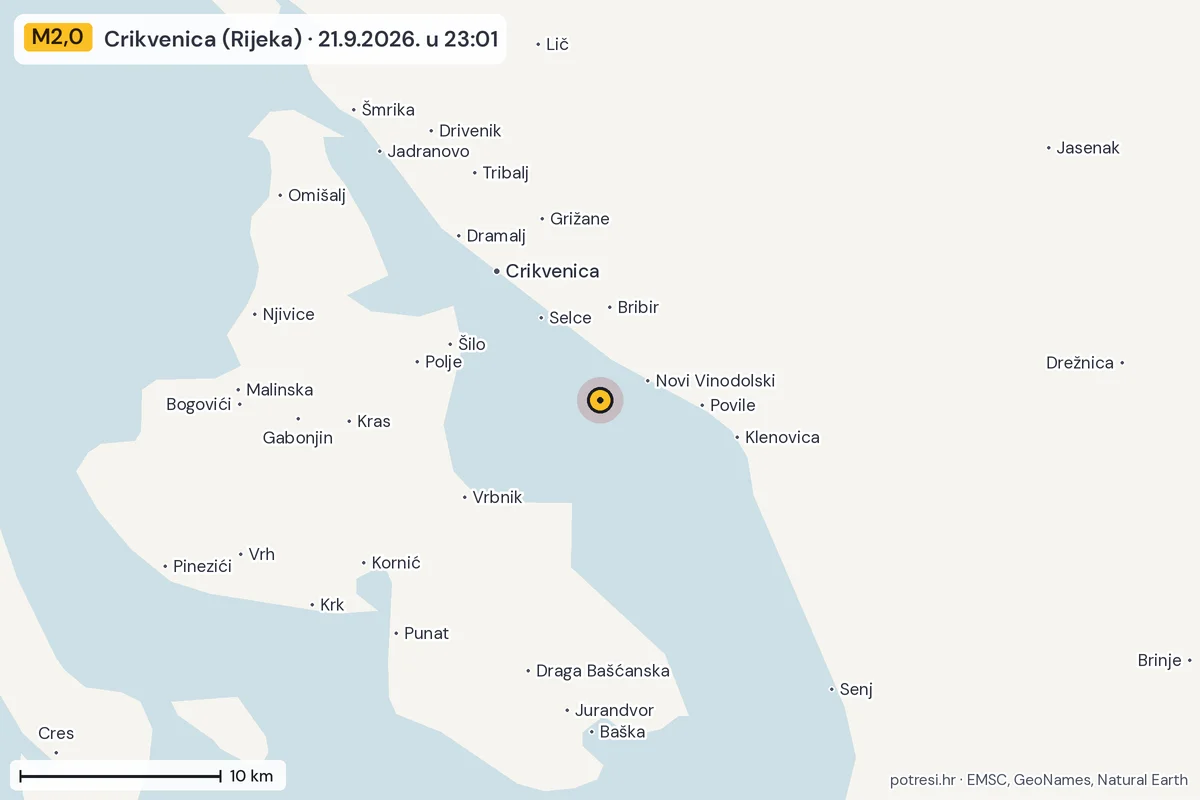 Karta: okolica epicentra, 60 km, potres M2,0, Crikvenica (Rijeka), 21.9.2026.