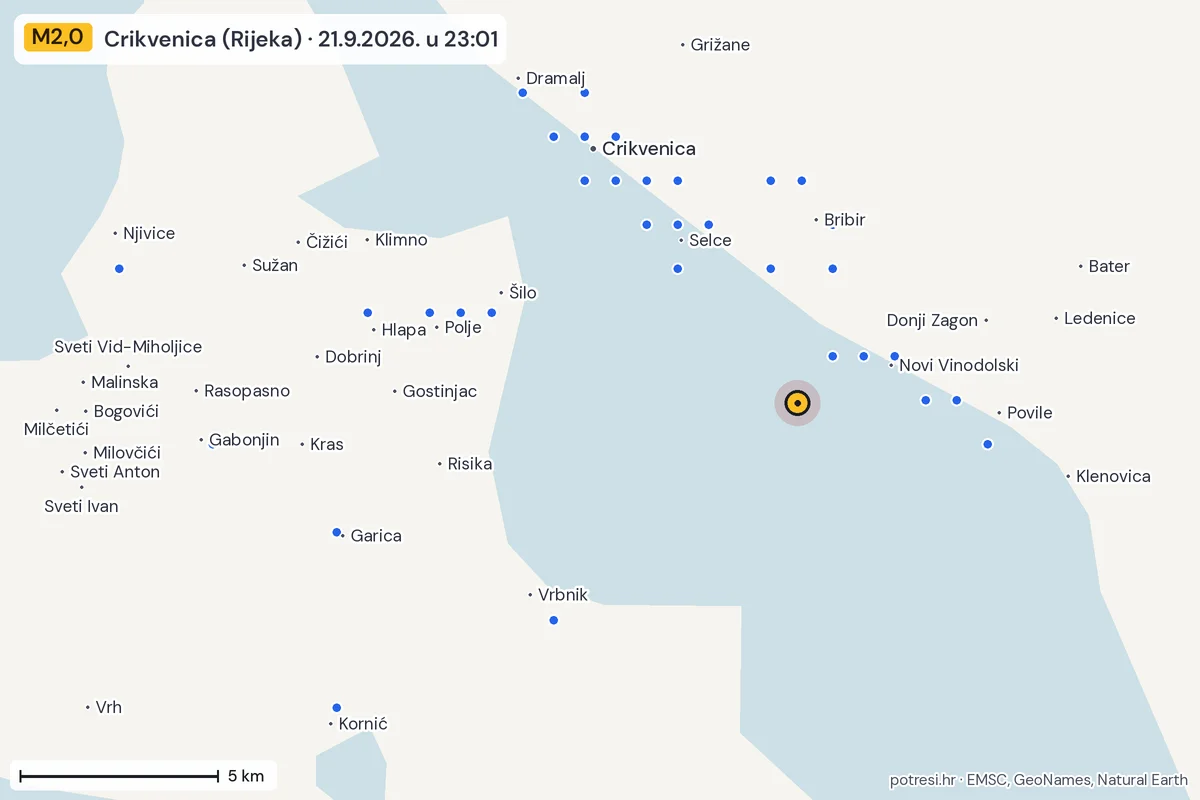 Karta: izvješća građana, potres M2,0, Crikvenica (Rijeka), 21.9.2026.