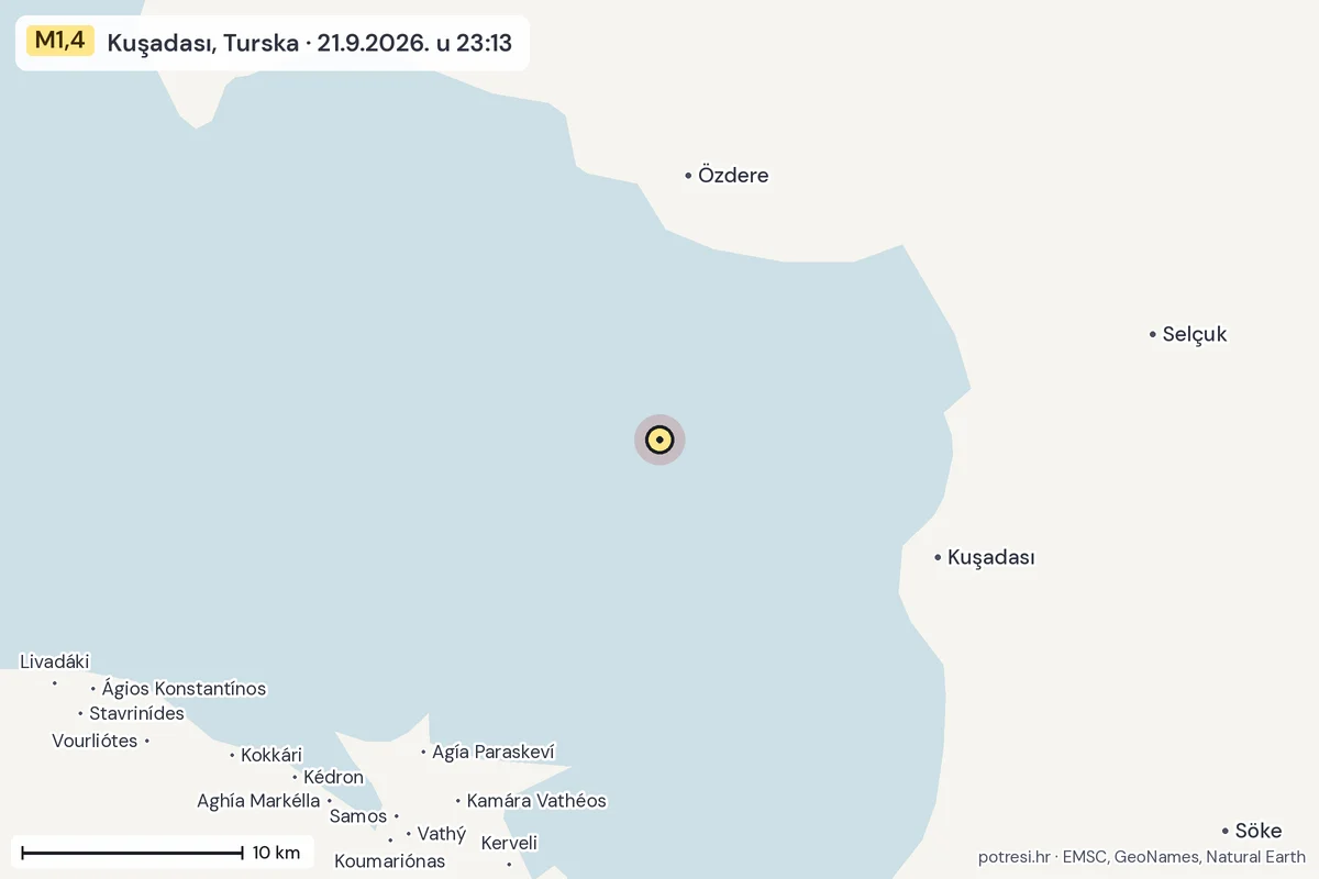 Karta: okolica epicentra, 60 km, potres M1,4, Kuşadası, Turska, 21.9.2026.