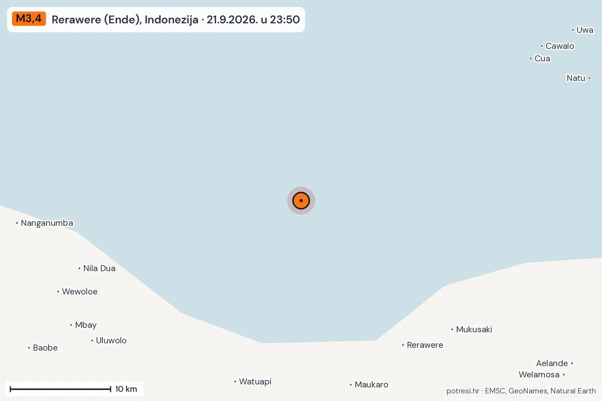 Karta: okolica epicentra, 60 km, potres M3,4, Rerawere (Ende), Indonezija, 21.9.2026.