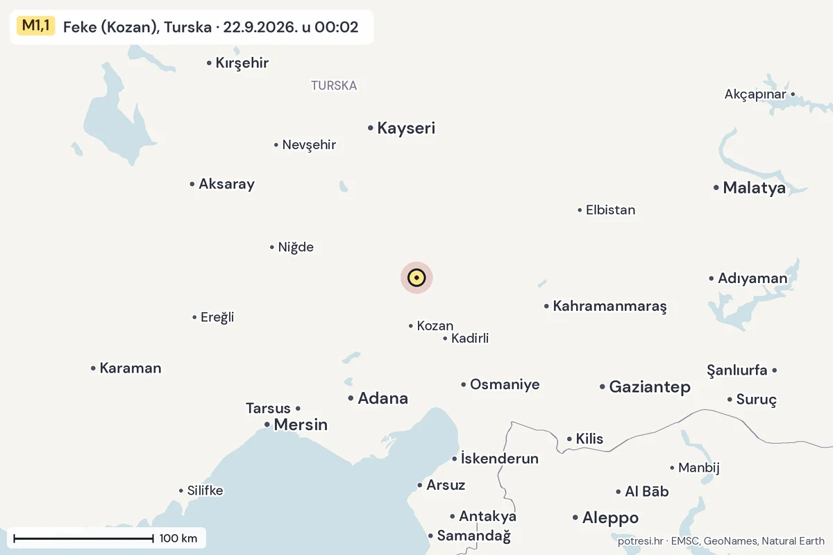Karta: šire područje, 600 km, potres M1,1, Feke (Kozan), Turska, 22.9.2026.