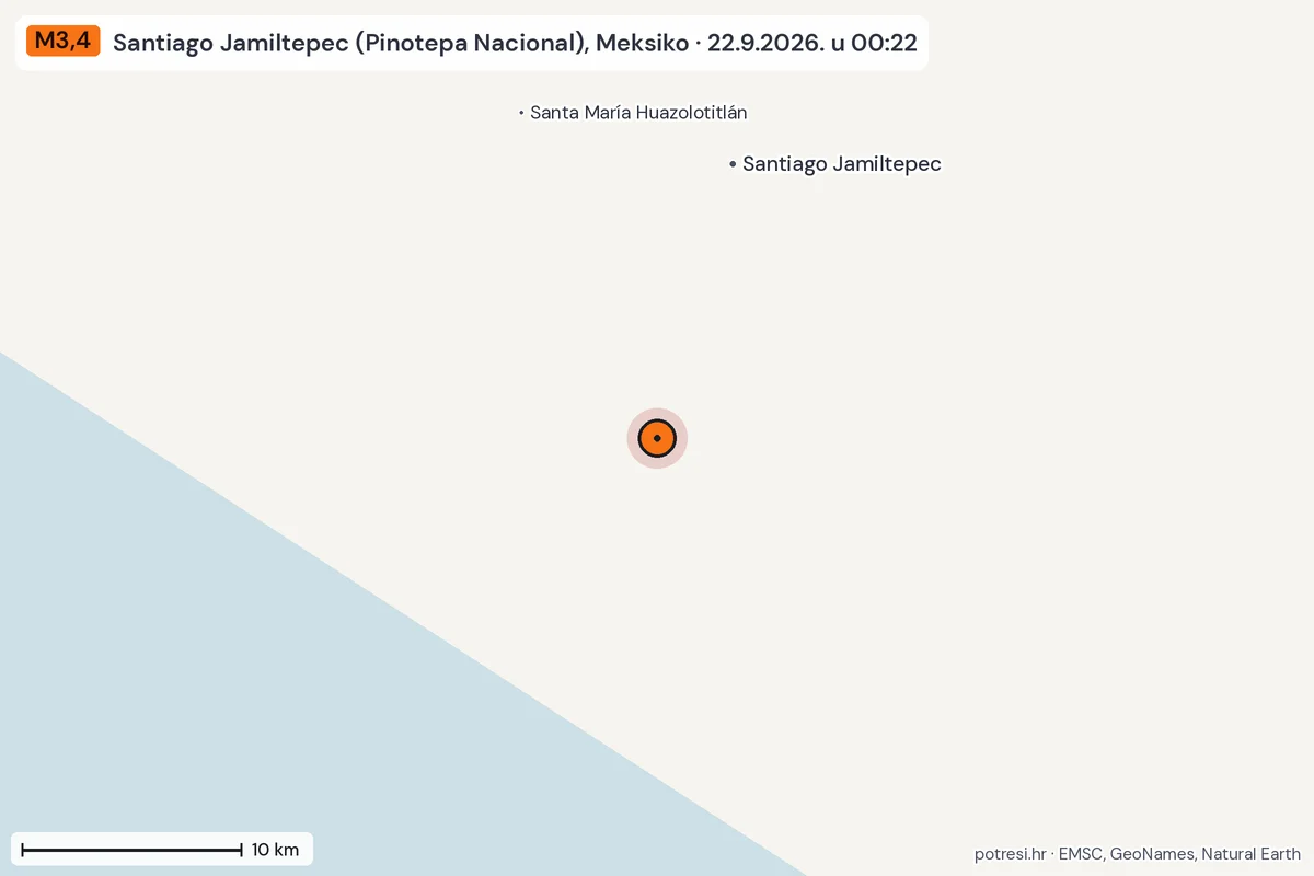 Karta: okolica epicentra, 60 km, potres M3,4, Santiago Jamiltepec (Pinotepa Nacional), Meksiko, 22.9.2026.