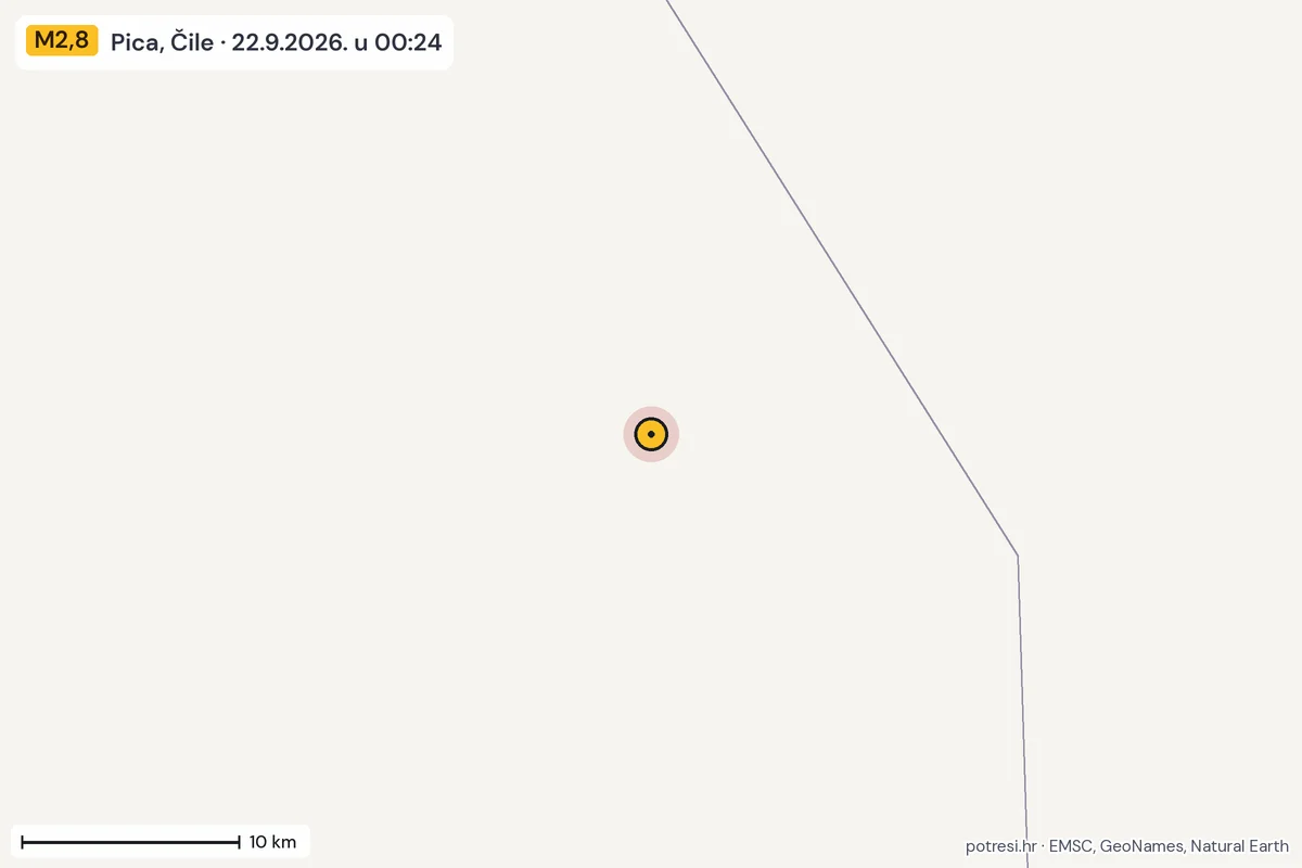 Karta: okolica epicentra, 60 km, potres M2,8, Pica, Čile, 22.9.2026.
