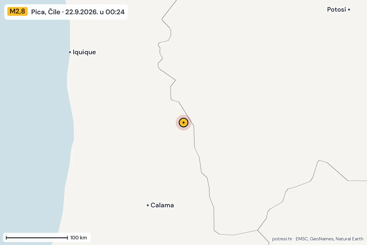 Karta: šire područje, 600 km, potres M2,8, Pica, Čile, 22.9.2026.