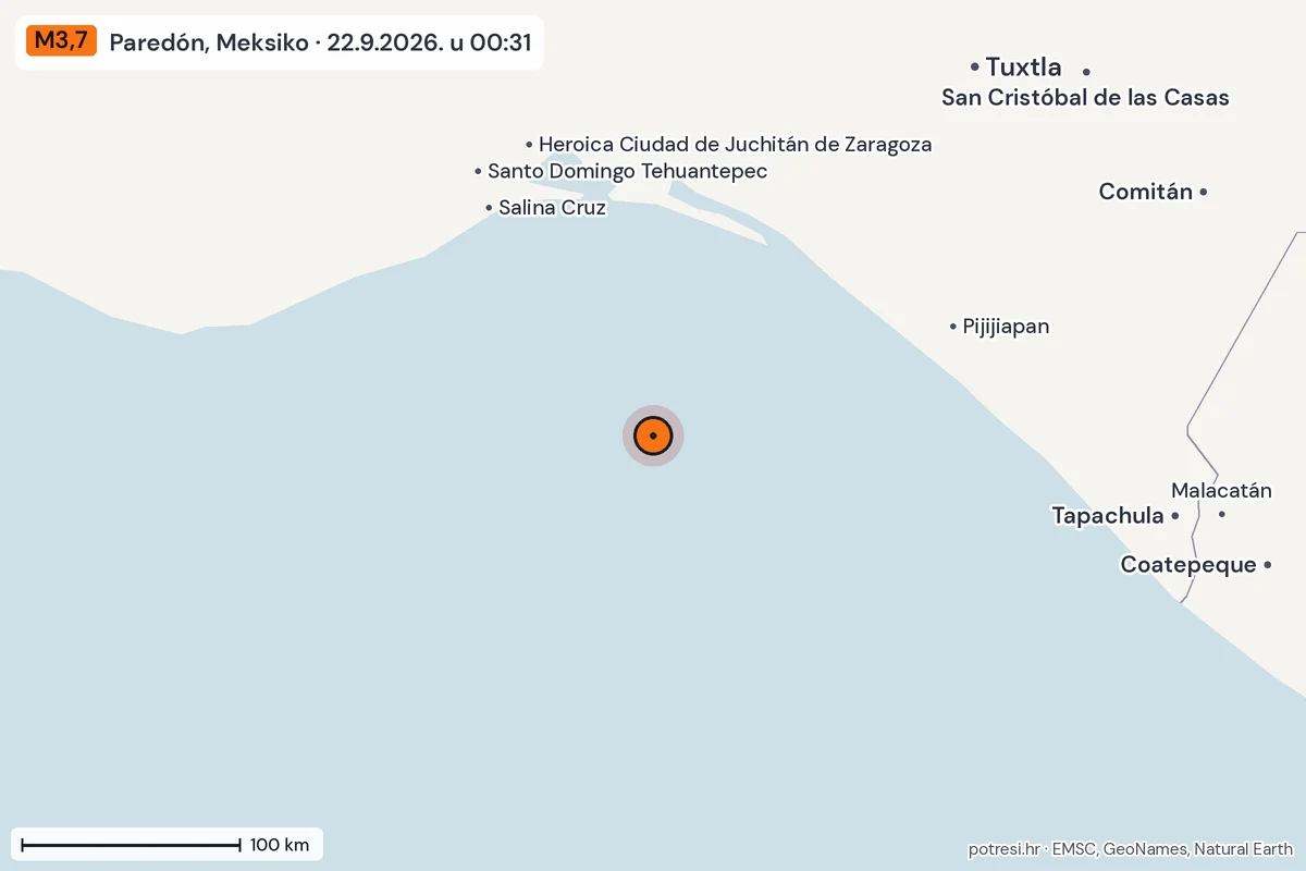 Karta: šire područje, 600 km, potres M3,7, Paredón, Meksiko, 22.9.2026.