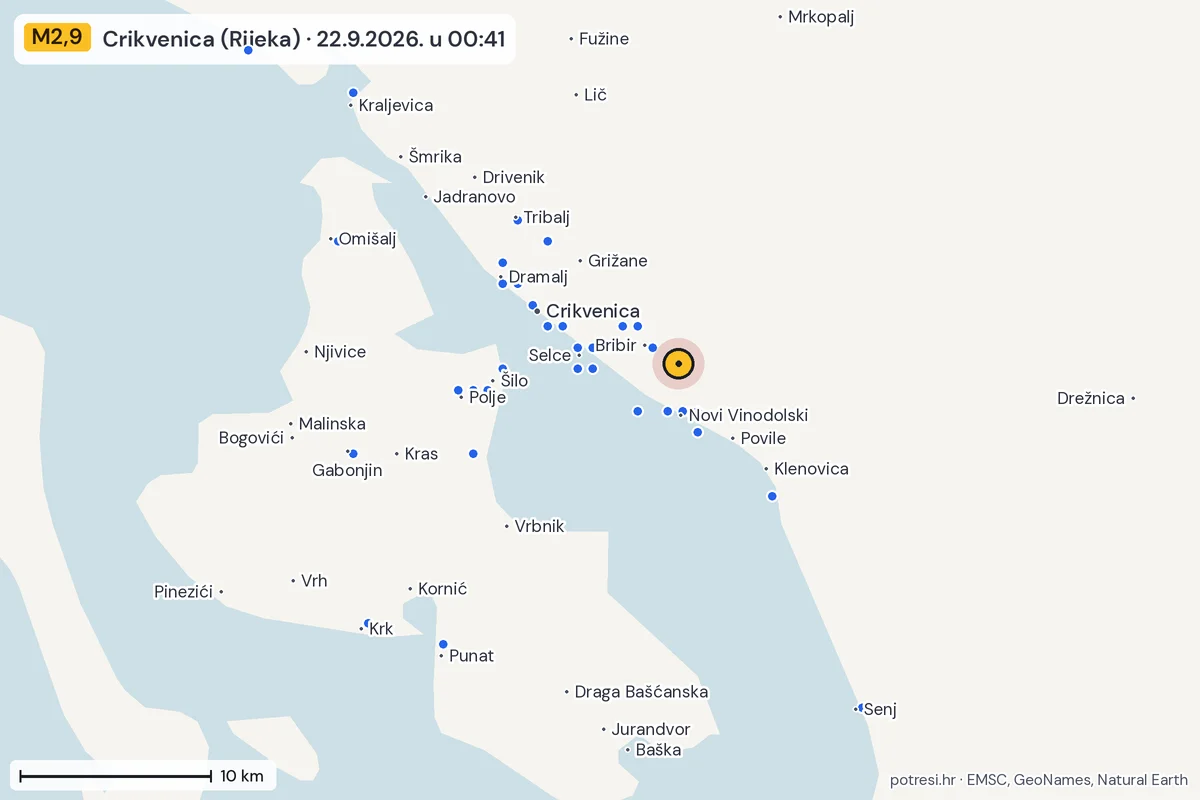 Karta: izvješća građana, potres M2,9, Crikvenica (Rijeka), 22.9.2026.