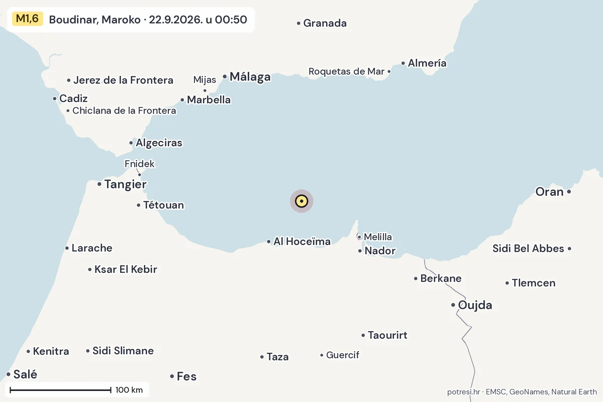 Karta: šire područje, 600 km, potres M1,6, Boudinar, Maroko, 22.9.2026.