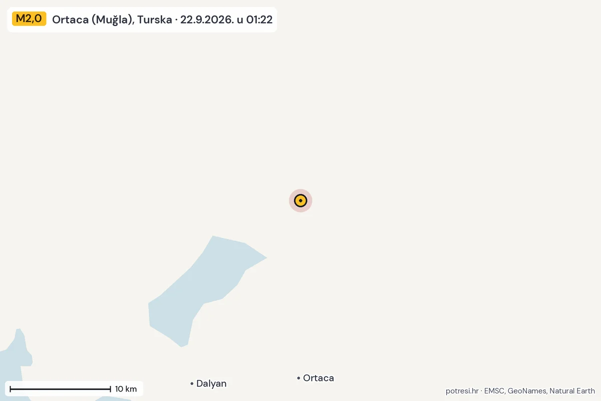 Karta: okolica epicentra, 60 km, potres M2,0, Ortaca (Muğla), Turska, 22.9.2026.