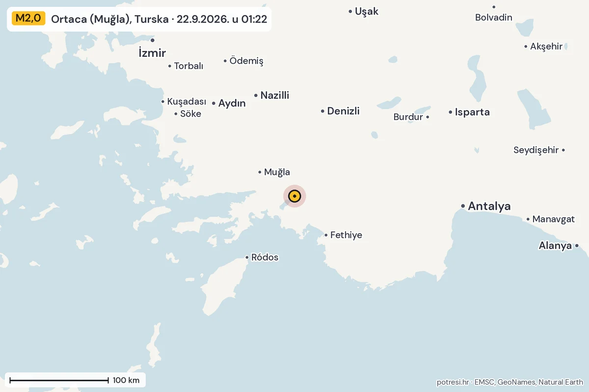Karta: šire područje, 600 km, potres M2,0, Ortaca (Muğla), Turska, 22.9.2026.