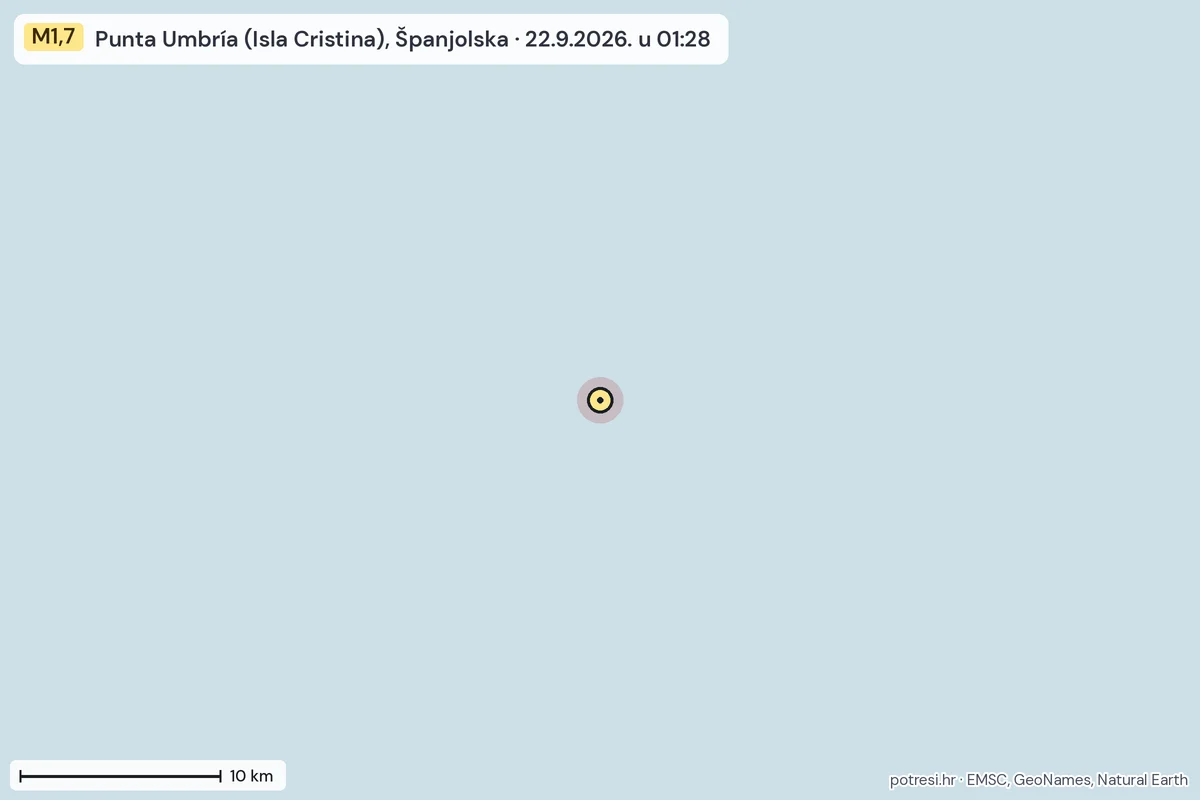 Karta: okolica epicentra, 60 km, potres M1,7, Punta Umbría (Isla Cristina), Španjolska, 22.9.2026.