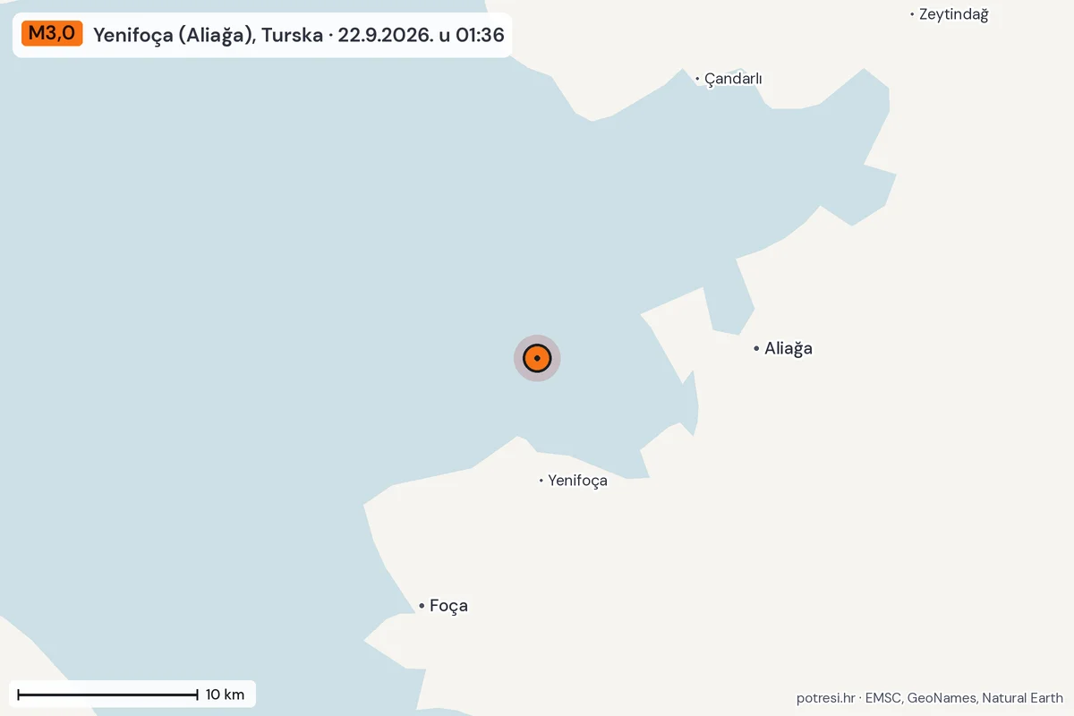 Karta: okolica epicentra, 60 km, potres M3,0, Yenifoça (Aliağa), Turska, 22.9.2026.