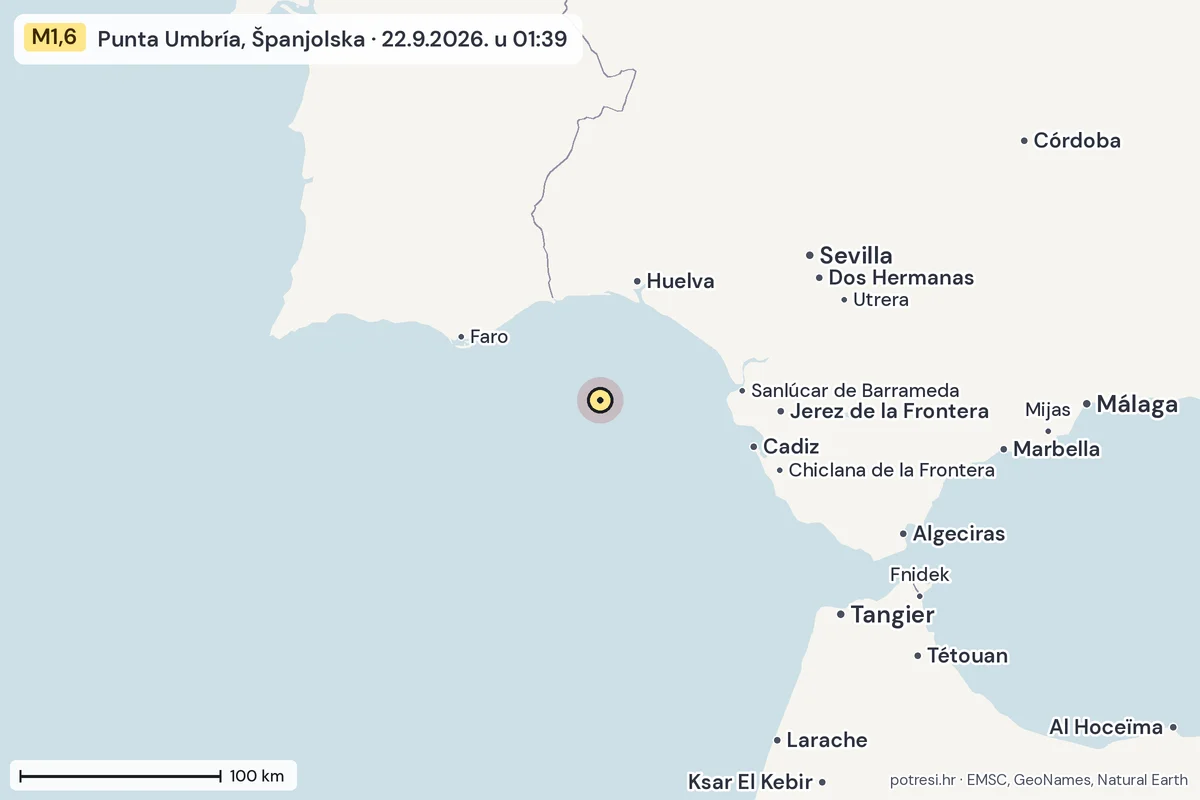 Karta: šire područje, 600 km, potres M1,6, Punta Umbría, Španjolska, 22.9.2026.