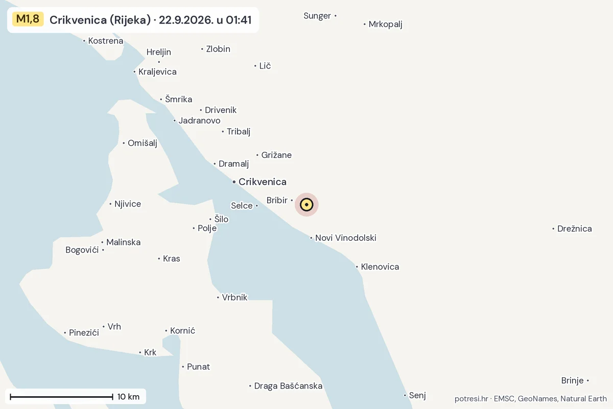 Karta: okolica epicentra, 60 km, potres M1,8, Crikvenica (Rijeka), 22.9.2026.